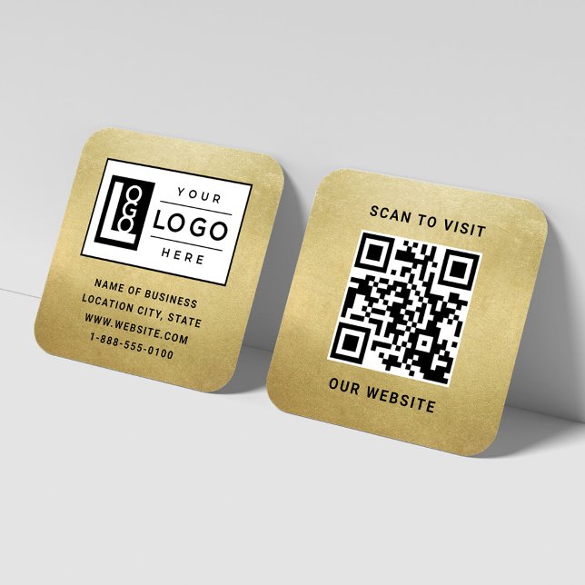 Modern Faux Gold Foil Custom Logo and QR Code Square Business Card (Creator Uploaded)