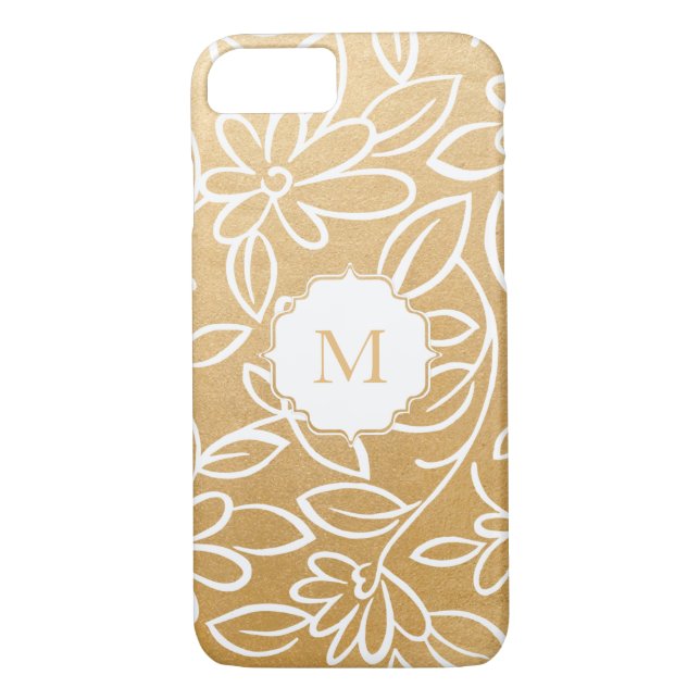 Modern Faux Gold Foil Floral Overlay Monogram Case-Mate iPhone Case (Back)