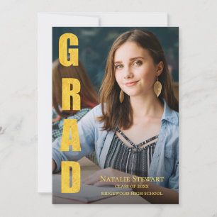 Modern Faux Gold Foil GRAD Photo Class of 2026 Gra Invitation
