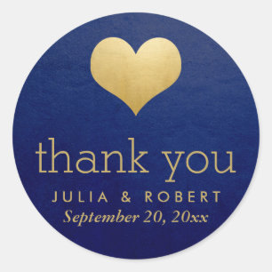 Modern Faux Gold Foil Heart Blue Wedding Thank You Classic Round Sticker