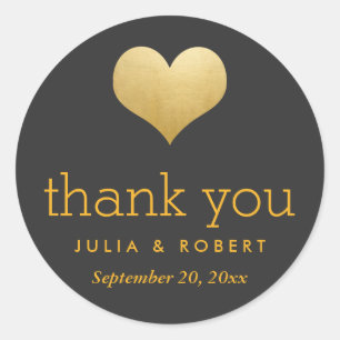 Modern Faux Gold Foil Heart Thank You Charcoal Classic Round Sticker