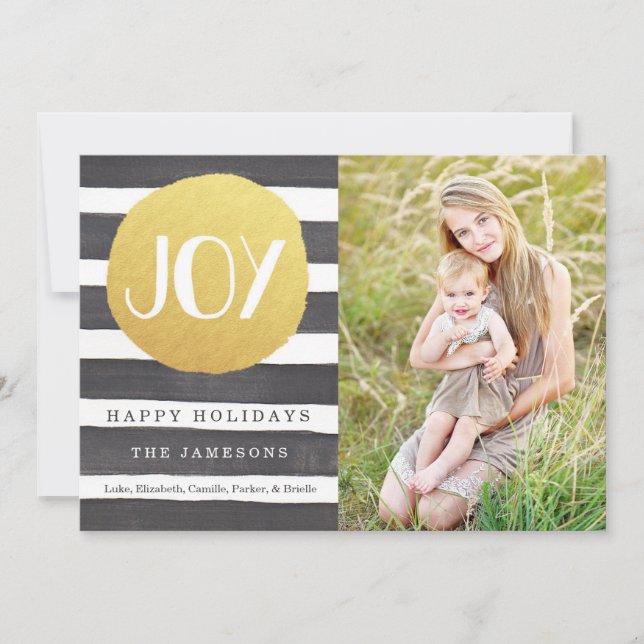 Modern Faux Gold Foil Stripes Joy Christmas Photo Holiday Card (Front)