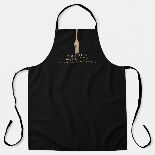 Modern Faux Gold Fork Catering Logo on Black Apron (Front)