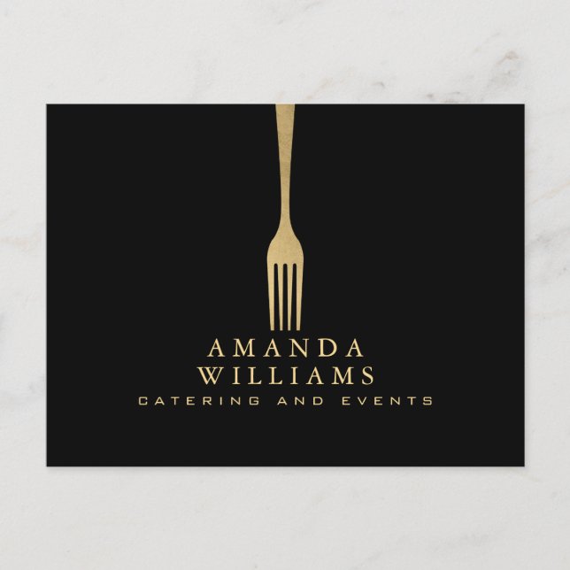 Modern Faux Gold Fork Catering Logo on Black Postcard (Front)