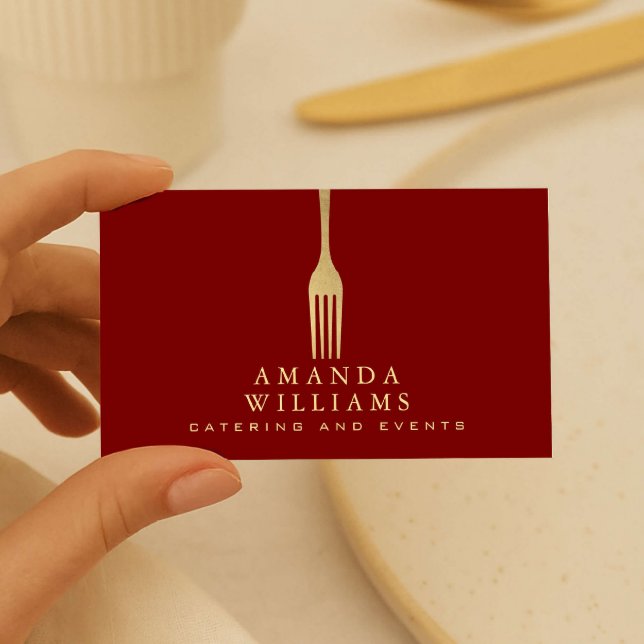 Modern Faux Gold Fork Catering Logo on Red Business Card (Creator Uploaded)
