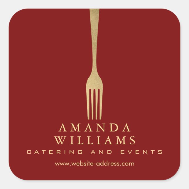 Modern Faux Gold Fork Catering Logo on Red Square Sticker (Front)