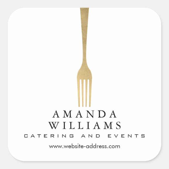 Modern Faux Gold Fork Catering Logo Square Sticker (Front)