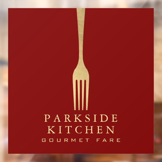 Modern Faux Gold Fork Restaurant Logo on Red Window Cling (Sheet 2)