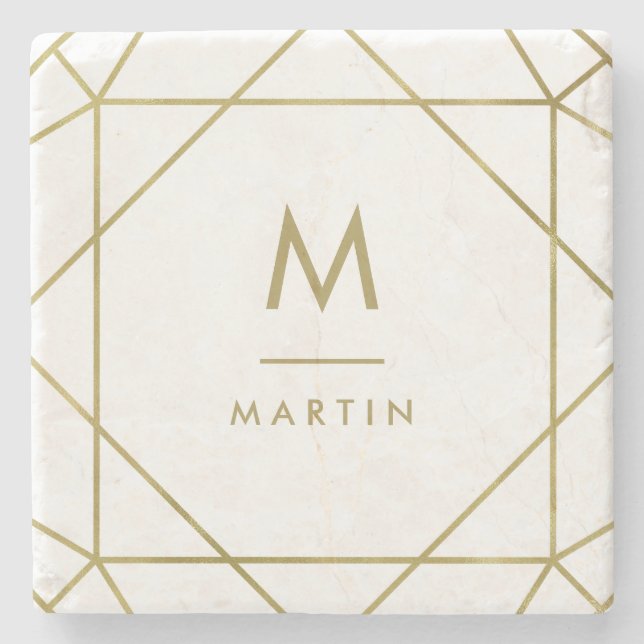Modern Faux Gold Geometric Lines with Monogram Stone Coaster (Front)
