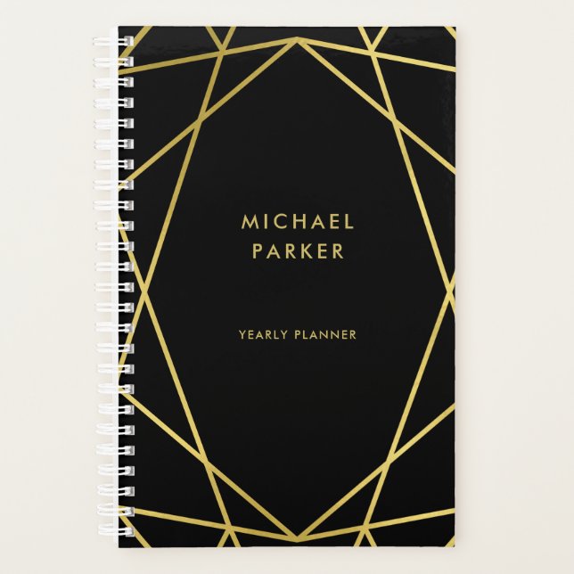 Modern Faux Gold Geometric on Black Planner (Front)