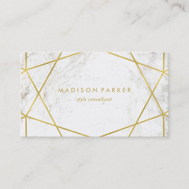 Modern Faux Gold Geometric on White Marble Business Card (Front)