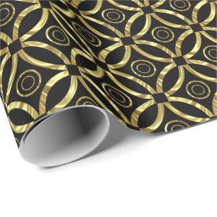 Modern Faux Gold Geometric Pattern On Black Wrapping Paper