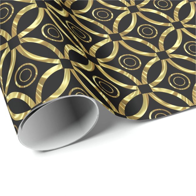 Modern Faux Gold Geometric Pattern On Black Wrapping Paper (Roll Corner)