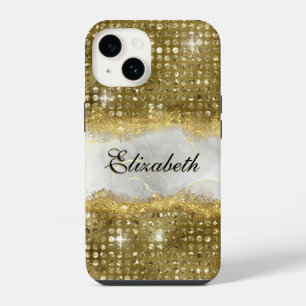 Modern Faux Gold Glitter Marble Monogram iPhone 14 Case