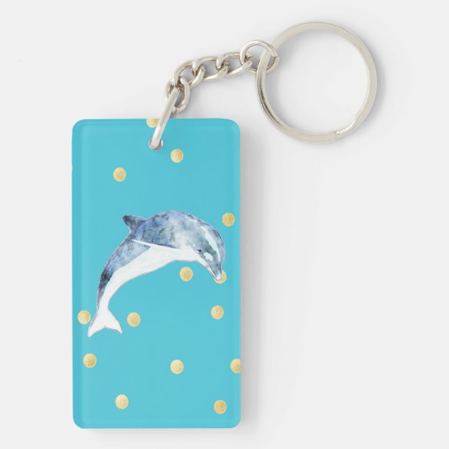 Modern,Faux Gold Glitter Polka Dots,Blue Keychain (Back)