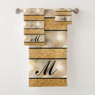 Modern Faux Gold Glitter White Light Black stripe Bath Towel Set