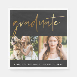Modern Faux Gold Graduate Script Photo Grid Black Napkin
