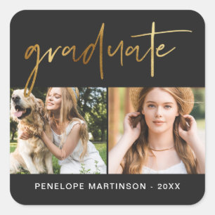 Modern Faux Gold Graduate Script Photo Grid Black Square Sticker