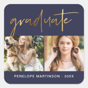 Modern Faux Gold Graduate Script Photo Grid Blue Square Sticker