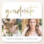 Modern Faux Gold Graduate Script Photo Grid White Square Paper Coaster<br><div class="desc">Modern and chic graduation party coaster with faux gold graduate script typography, two photos, name and class year in black text on a white background.</div>