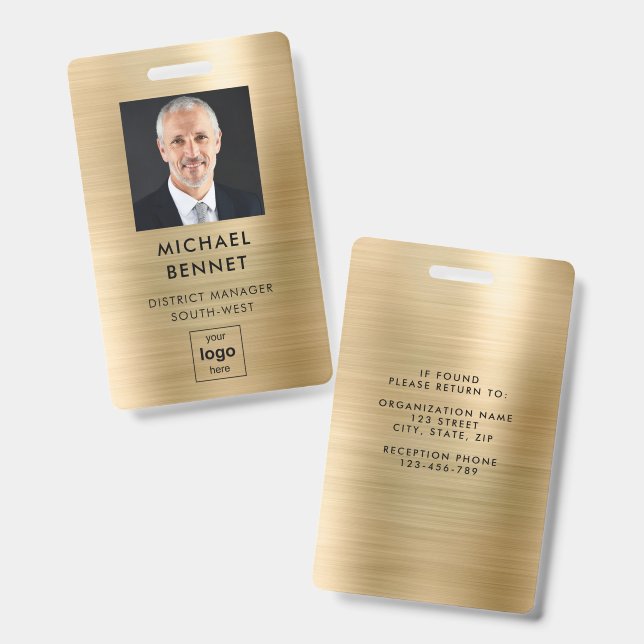 Modern Faux Gold Metallic Corporate Photo ID Badge (Front & Back)