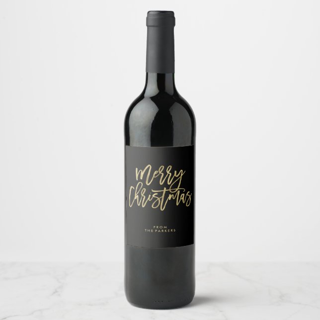 Modern Faux Gold on Black | Merry Christmas Wine Label (Front)