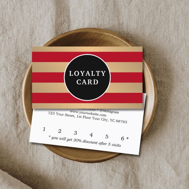 Modern Faux Gold Red Stripes Beauty Salon Loyalty Card (Creator Uploaded)