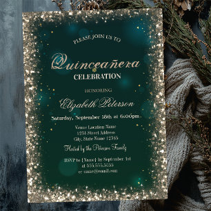 Modern Faux Gold Sequins Frame Green Quinceañera Invitation