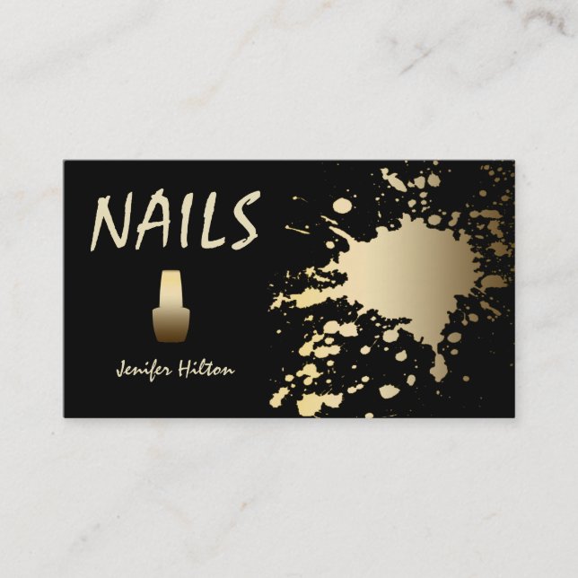 Modern faux gold splatter nail polish black business card (Front)