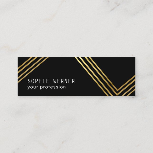 Modern Faux Gold Stripes on Elegant Black Mini Business Card (Front)