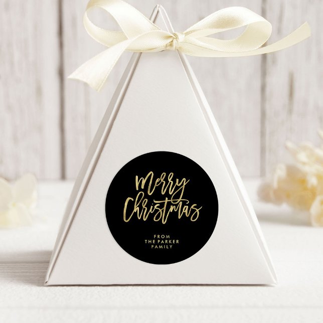 Modern Faux Gold Typography | Merry Christmas Classic Round Sticker (Modern faux gold typography Christmas stickers on black)