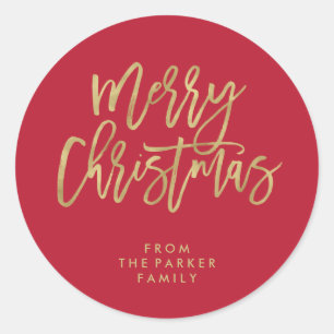 Modern Faux Gold Typography   Red Merry Christmas Classic Round Sticker