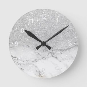 Modern faux grey silver glitter ombre white marble round clock