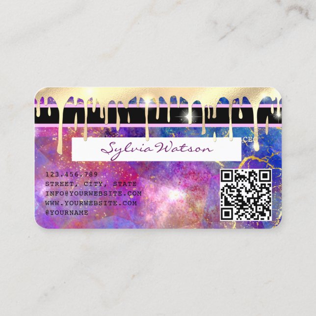 modern faux holographic opal stone QR code Business Card (Back)