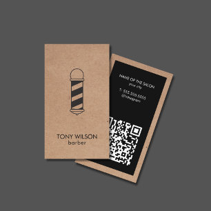 Modern Faux Kraft Black QR Code Barber Pole Salon Business Card