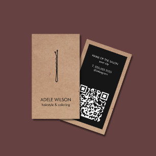 Modern Faux Kraft Black QR Code Hair Pin Salon Business Card