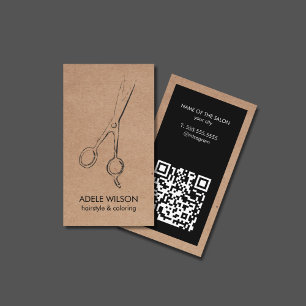 Modern Faux Kraft Black QR Code Scissors Salon Business Card