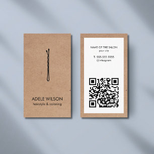 Modern Faux Kraft White QR Code Hair Pin Salon Business Card