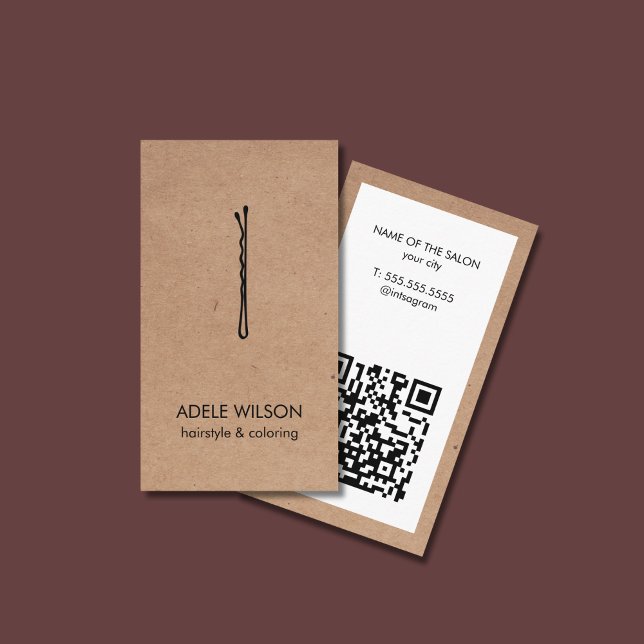 Modern Faux Kraft White QR Code Hair Pin Salon Business Card (Creator Uploaded)