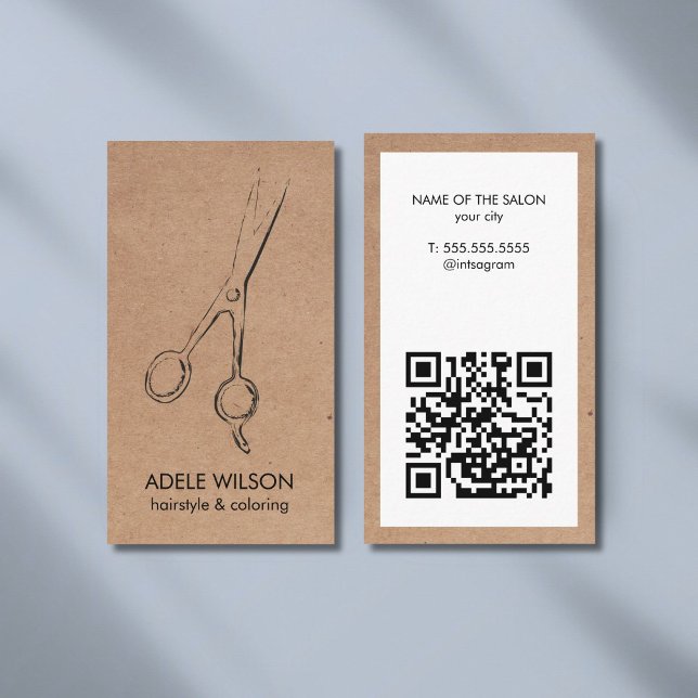 Modern Faux Kraft White QR Code Scissors Salon Business Card (Creator Uploaded)