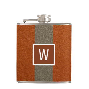 Modern Faux Leather Monogram Orange Hip Flask