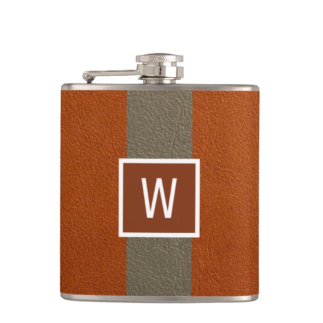 Modern Faux Leather Monogram Orange Hip Flask (Front)