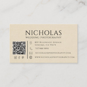 Modern Faux Linen Wedding Photographer QR Code Business Card
