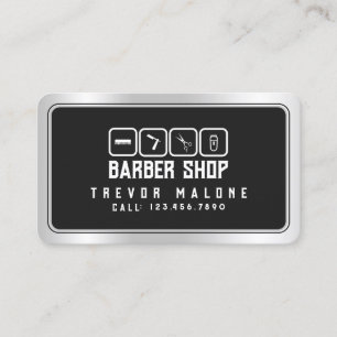 Modern faux metallic frame dark grey barber business card