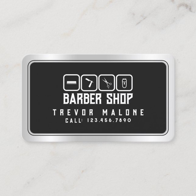 Modern faux metallic frame dark grey barber business card (Front)