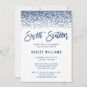Modern Faux Navy Blue Glitter Sweet 16 Birthday Invitation