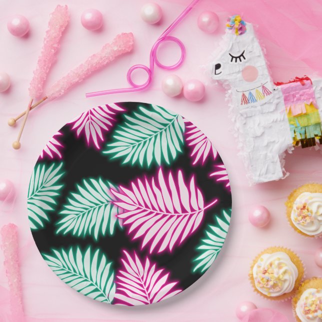 Modern Faux Neon Pink Green Tropcal Leaves Paper Plate (Party)
