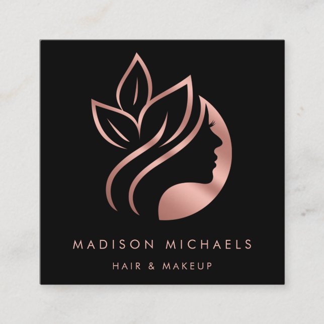 Modern Faux Rose Gold Abstract Hair Makeup Square Business Card (Front)