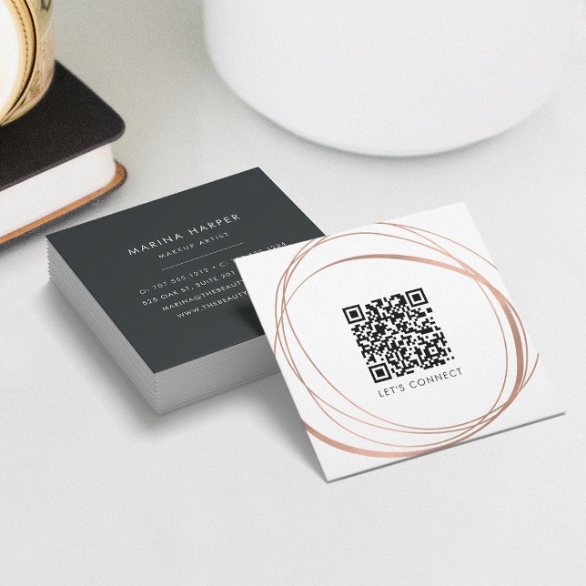 Modern Faux Rose Gold Abstract QR Code Square Business Card (Creator Uploaded)