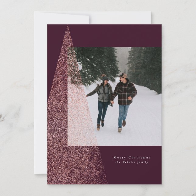 Modern faux rose gold Christmas tree plum photo Holiday Card (Front)